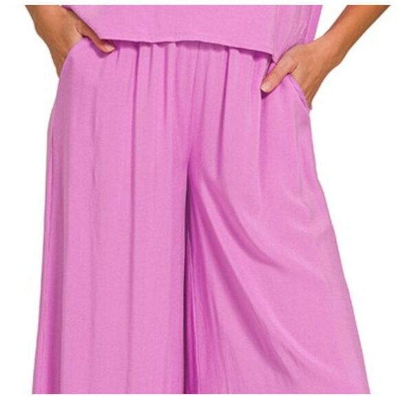 ***Zenana Round Neck T-Shirt and Wide Leg Pants Set Women's Pink Wide-Leg Pants - Picture 4 of 4